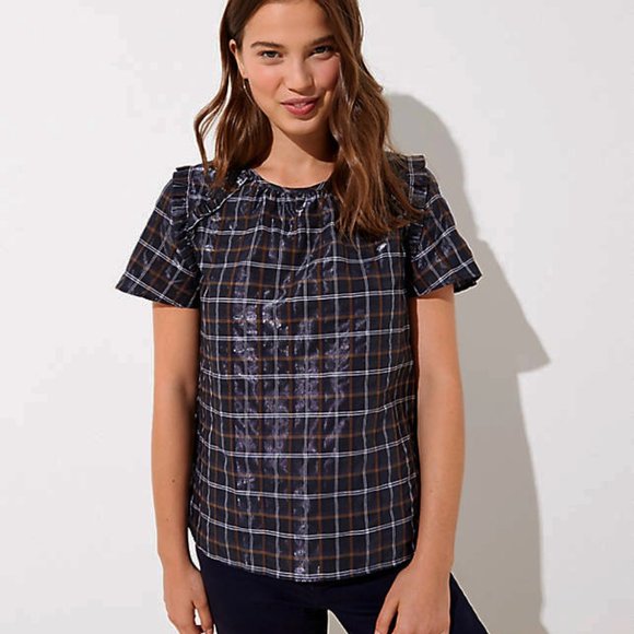 LOFT Tops - NEW Loft 18W Blue Shimmer Plaid Ruffle Peasant Top